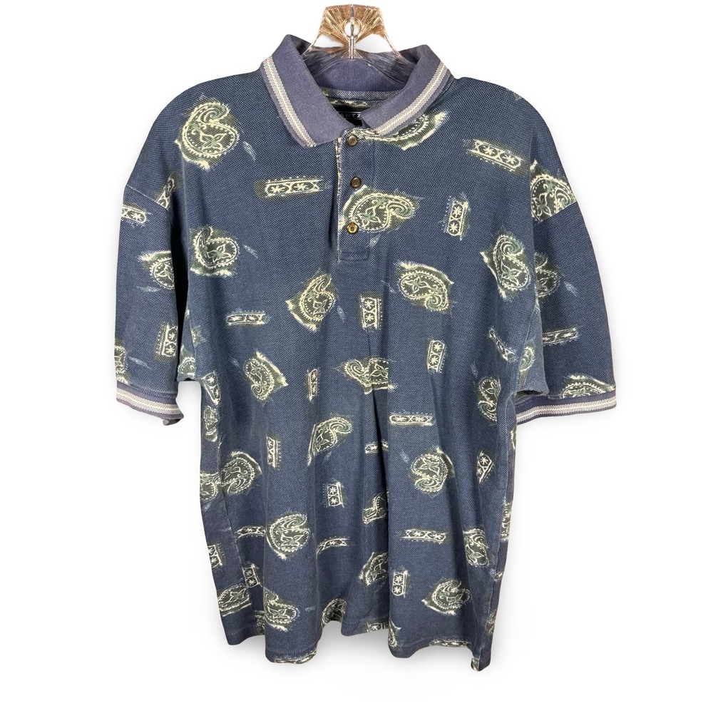 Vintage Jantzen Polo Shirt Mens Medium Blue Paisley All Over Print Short Sleeve